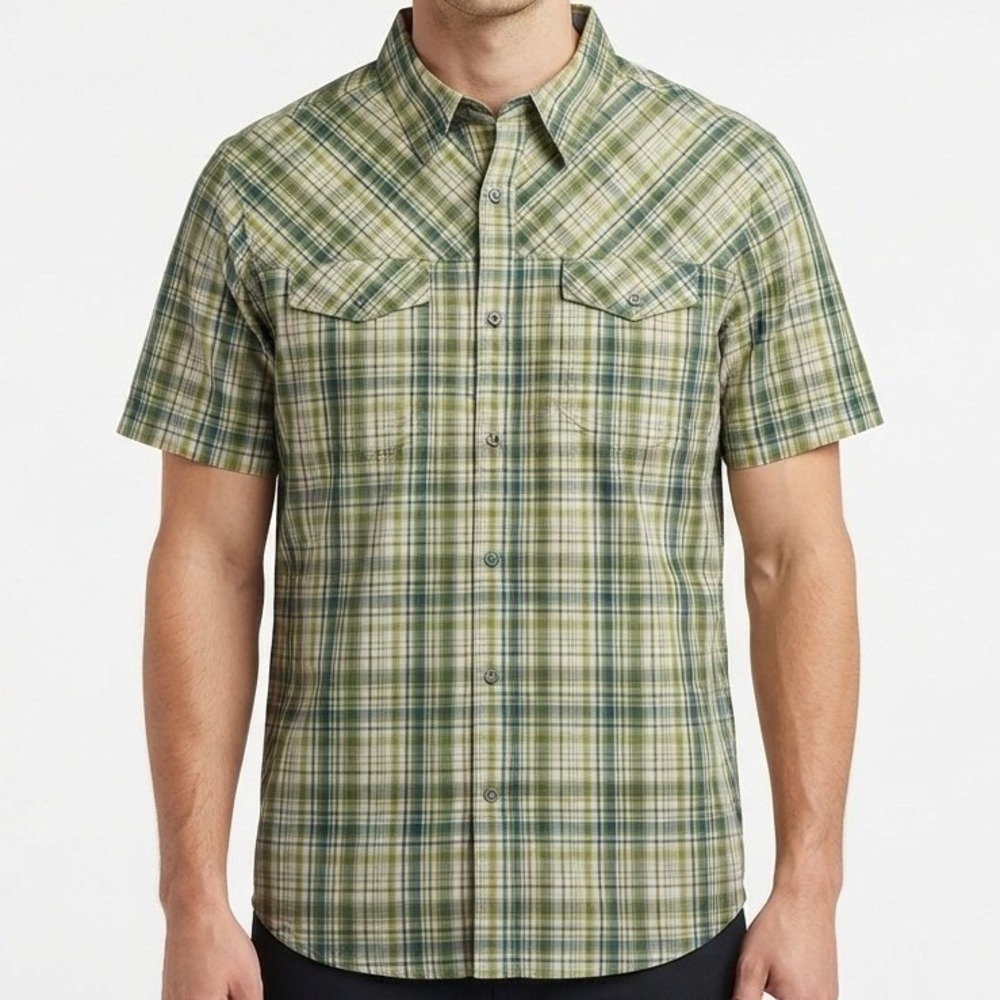Marmot Button Down Shirt Mens Large Green Plaid Short Sleeve Hiking